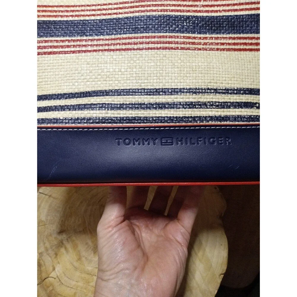 Tommy Hilfiger Woven Straw Handbag Crossbody Purse Navy Red Bamboo Handles